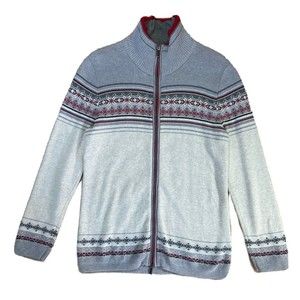 EDDIE BAUER Sweater Med Fair Isle Zip Gray Red Cotton Mock Cardigan Long Sl Warm